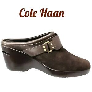 Cole Haan Brown Leather Suede Buckle Harness Mules Booties Wedges Clogs Heels 9